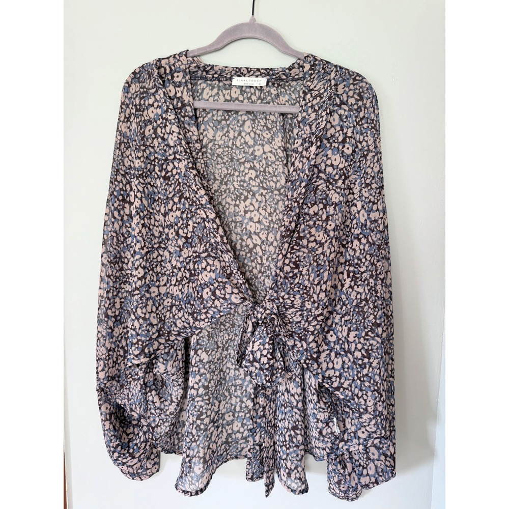 Final Touch Blue Beige Leopard Tie Front Semi-Sheer Kimono Blouse Top Large